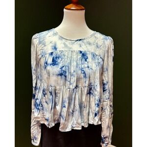 Arizona Jean Co. Tie Back Blue White Tie Dye Long Sleeve Tiered Blouse Women's S